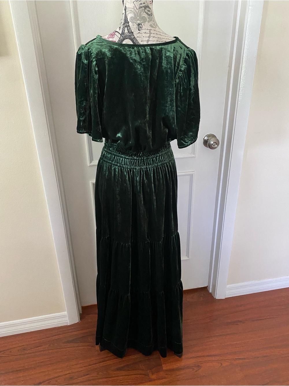 Anthropologie XL Emerald Green Velvet Tiered Maxi Dress Boho Luxe - Picture 12 of 16